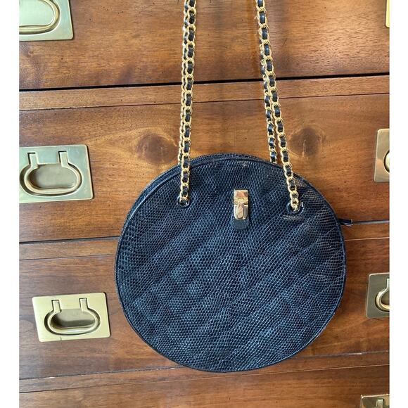 Lou-Rexx Vintage Quilted Snakeskin Round Chain Strap Handbag Black Loehmann's - Picture 2 of 14